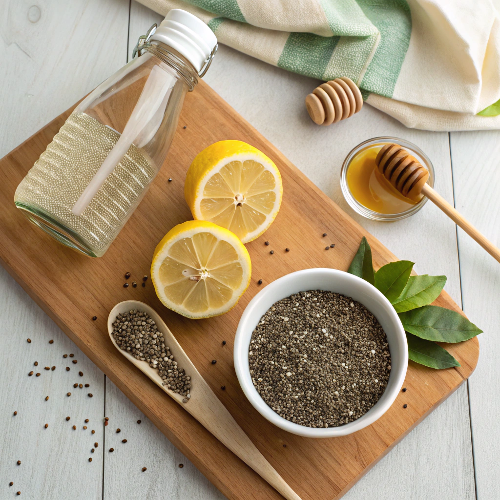 Chia Seed Water Recipe: Simple and Healthy, 5 chia seed water ingredients on wooden board