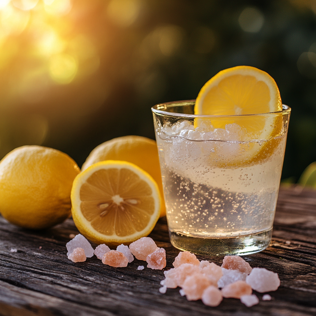 Glass of lemon water with Himalayan pink salt